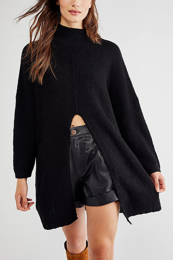 Solid Color Long Sleeve Slit Knitted Sweater-consonak