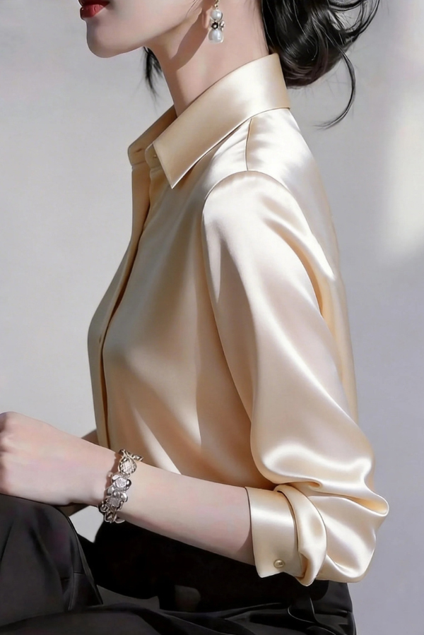 Solid Color Satin Collared Long-sleeved Button-down Casual Shirt