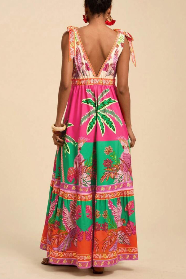 Tropical Rainforest Print Loose V-neck Casual Vacation Maxi Dress