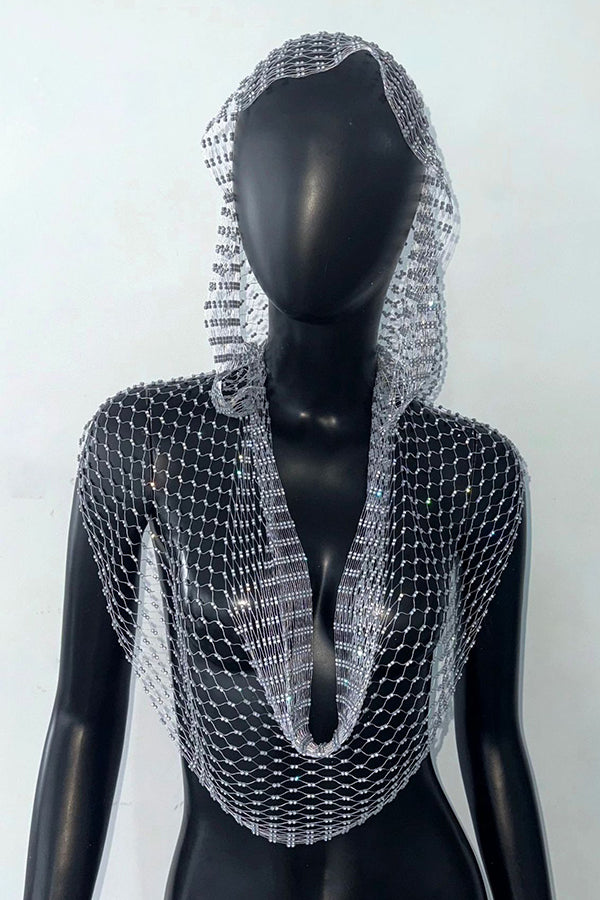 Fashion Fishnet Rhinestone Hooded Vest-consonak
