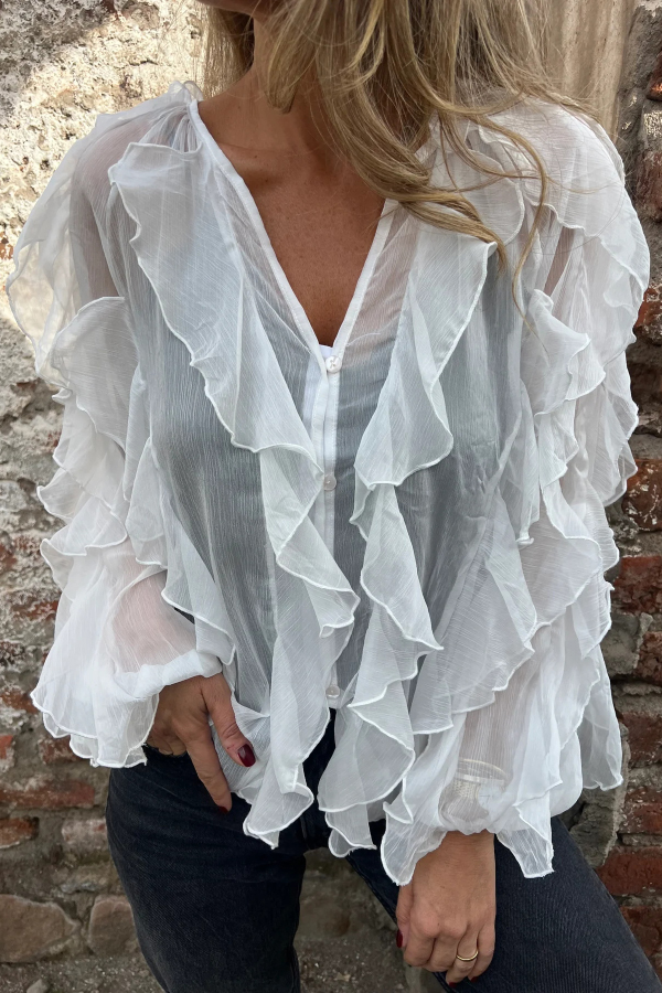 Solid Color Chiffon Ruffled V-neck Patchwork Top-consonak