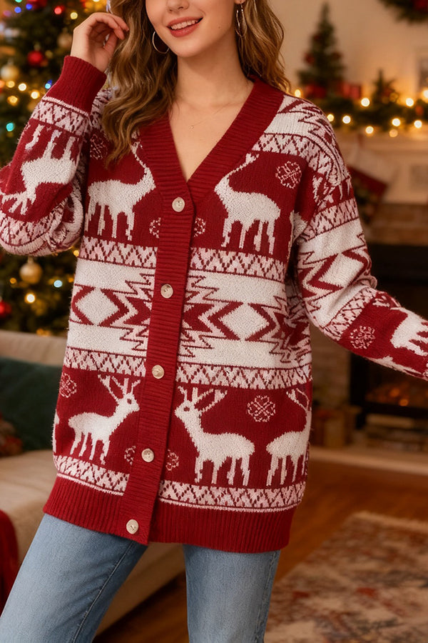 Christmas Reindeer Pattern Loose Long-sleeved Knit Cardigan-consonak