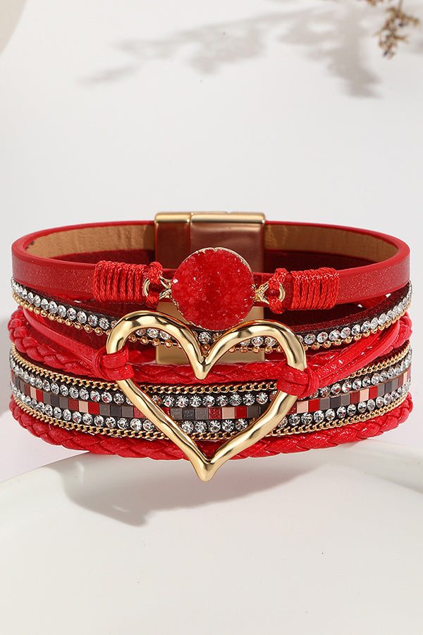 Bohemian Leather Cord Multi-layered Raw Stone Heart Bracelet | Consonak