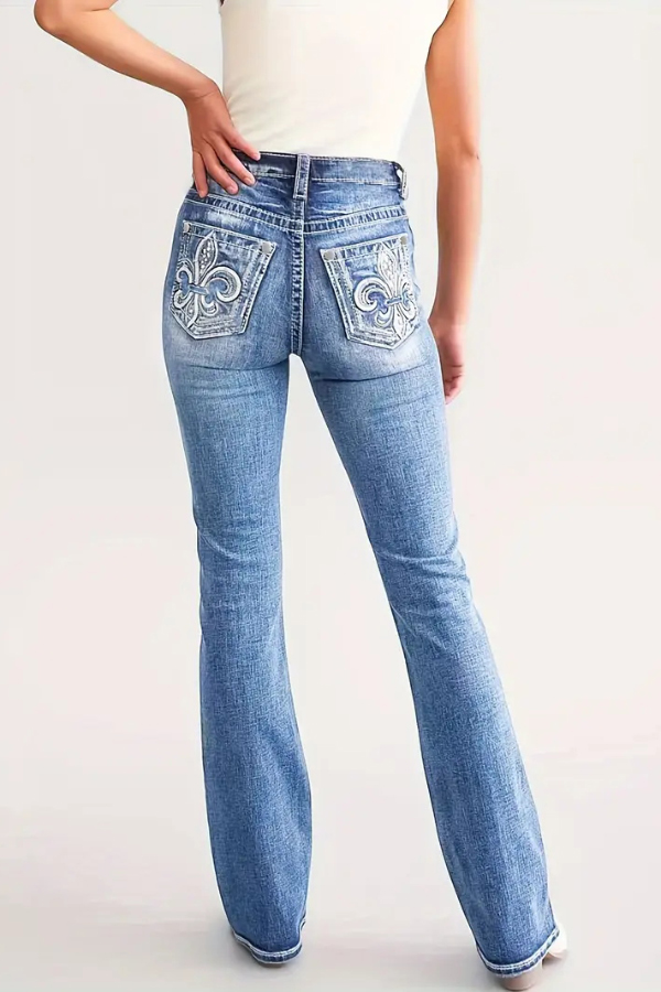 Fashionable Embroidered High-waisted Double-button Stretch Jeans