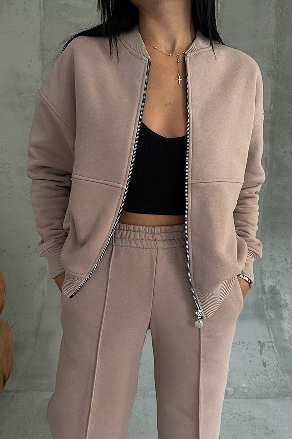 Solid Color Casual Long Sleeve Zipper Jacket and Elastic Waist Pocket Wide Leg Pants Set-consonak
