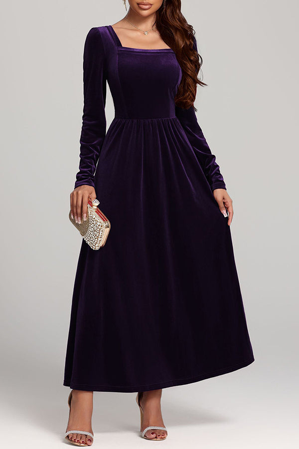 Solid Color Velvet Square Neck Long Sleeve Elegant Maxi Dress-consonak