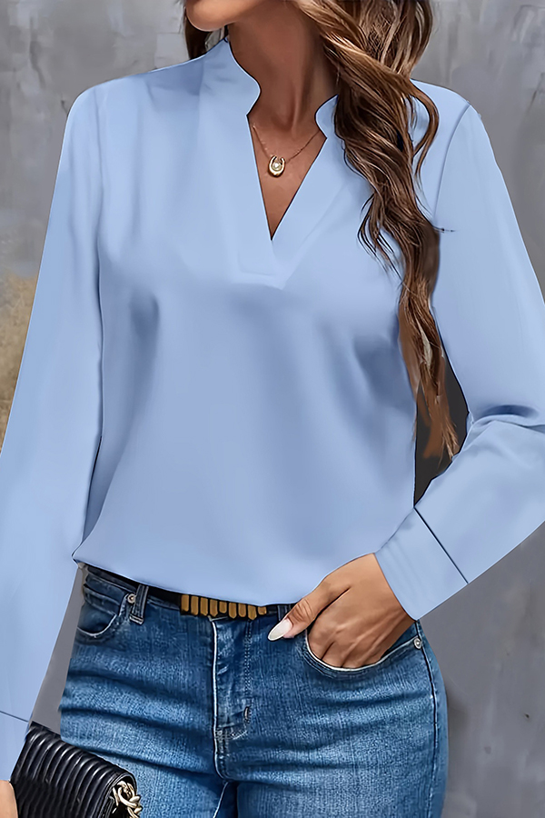 Solid Color Loose V-neck Long-sleeved Casual Shirt-consonak