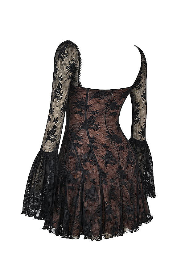 Analysis Lace Square Neck Lace Slim Fit Back Zip Long Sleeve Mini Dress-consonak