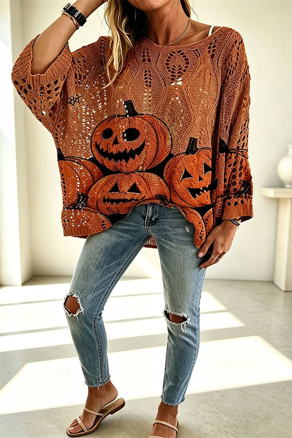Halloween Pumpkin & Bat Hollow Out Knit Oversized Sweater-Consonak