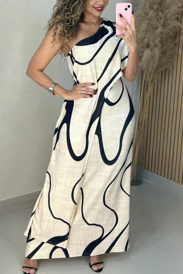 Unique Printed One-Shoulder Short-Sleeve Casual Maxi Dress-consonak
