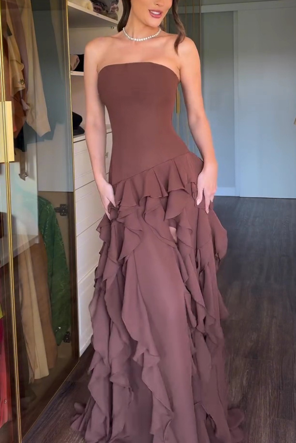 Elegant Sleeveless Off-shoulder Fitted Ruffled High Slit Maxi Dress | Consonak