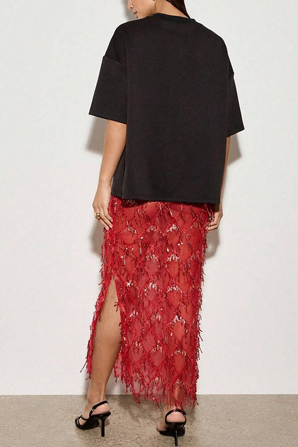 Fashionable Mesh See-through Sequined Tassel Midi Skirt | Consonak