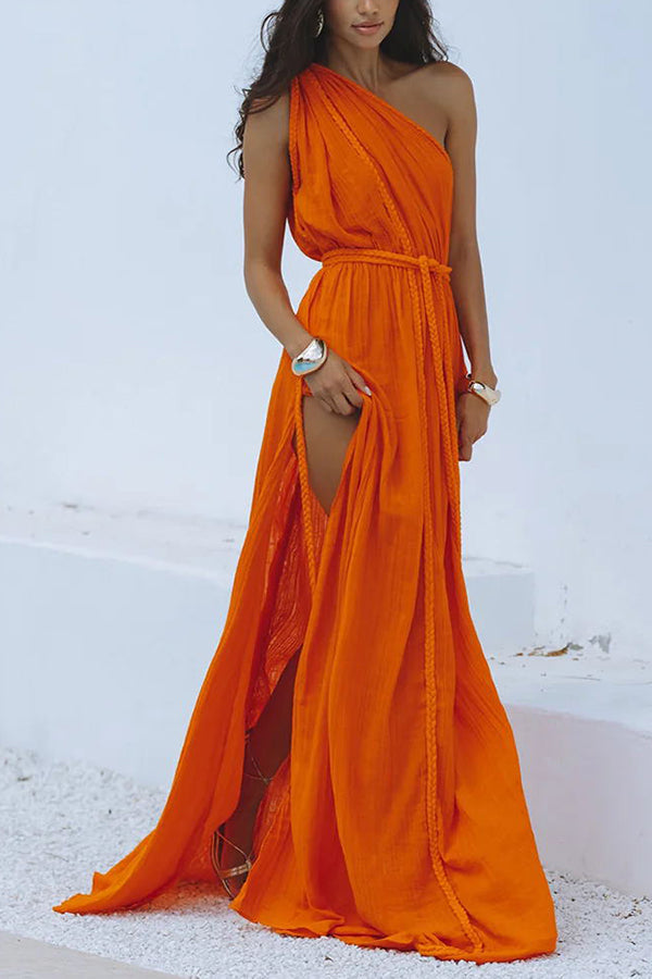 Avani Linen Blend Draped Braids One Shoulder Slit Cover Up Maxi Dress | Consonak