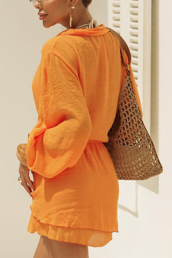 Kala Linen Blend Button Balloon Sleeve Blouse and Elastic Waist Warp Tie-up Mini Skirt Set