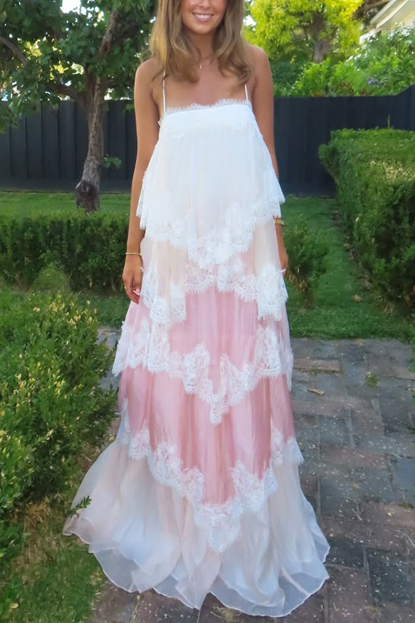 Caroline Gradient Layered Lace Trim Tiers Adjustable Straps Backless A-line Maxi Dress | Consonak