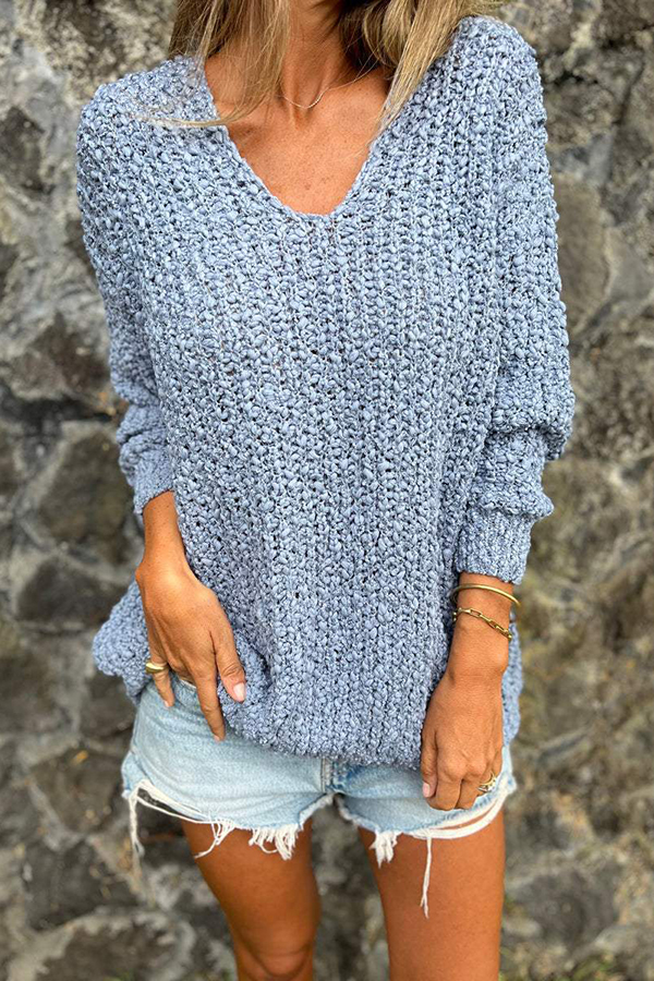 Solid Color V-neck Long-sleeved Loose Knitted Sweater-consonak