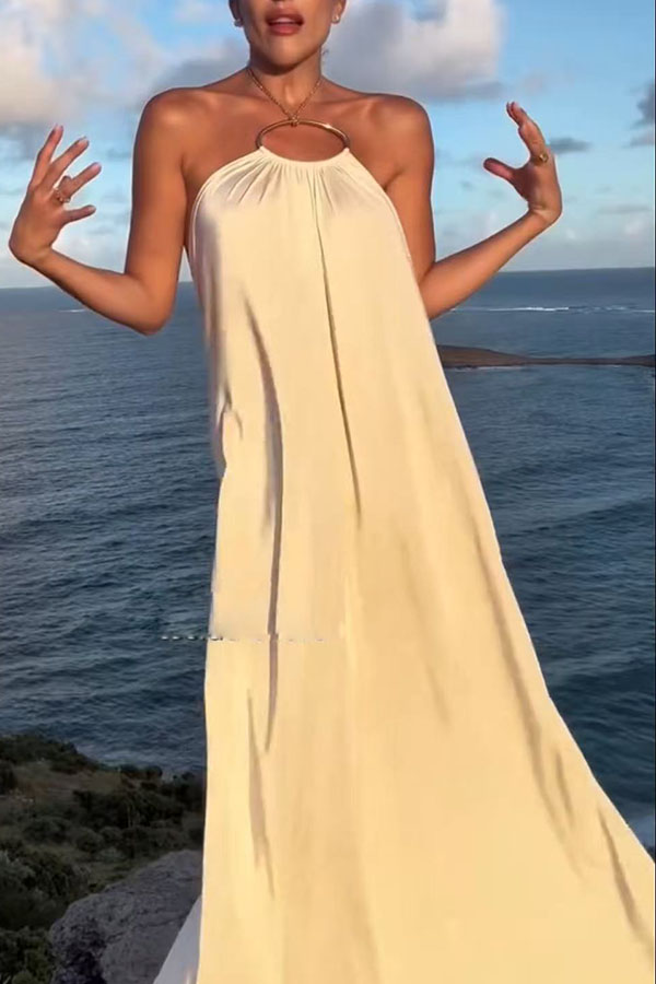 Ocean Goddess Metal Circular Chain Halter Backless Vacation A-line Maxi Dress | Consonak