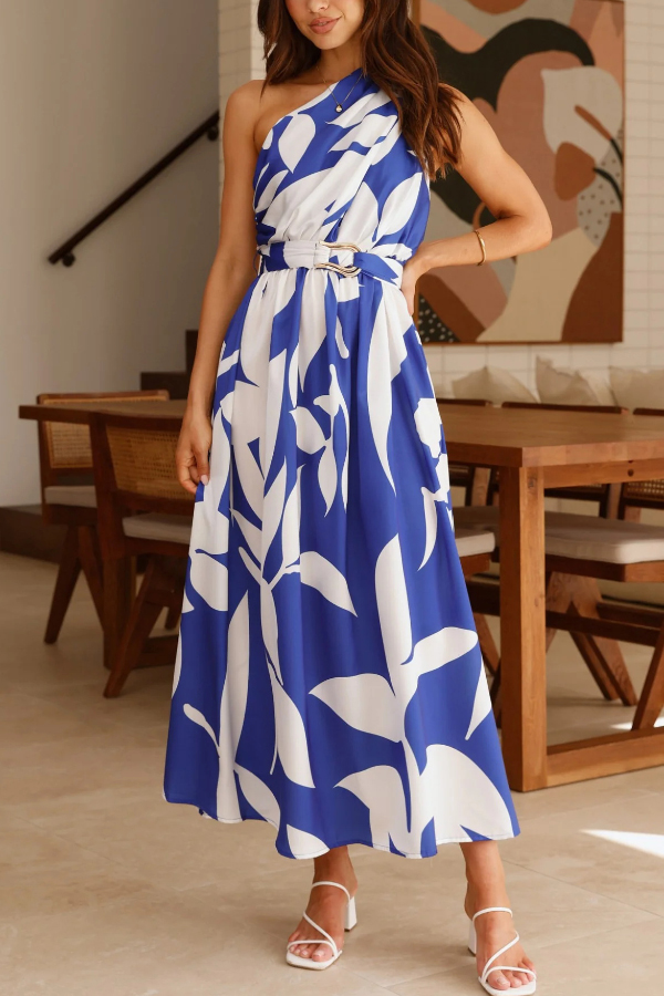 Unique Printed One-Shoulder Belt Casual Holiday Maxi Dress | Consonak
