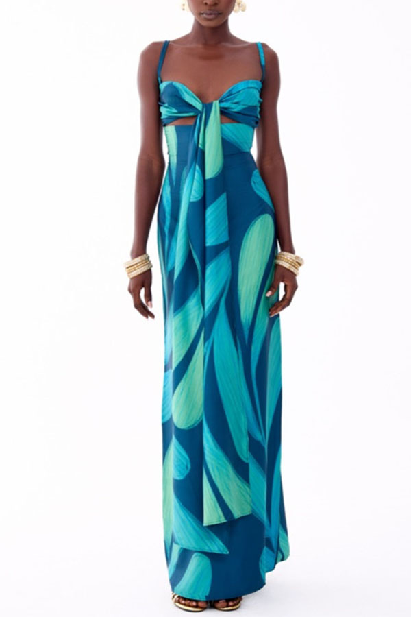 Verona Satin Leaf Pattern Front Tie-up Cutout Slip Drape Maxi Dress-consonak