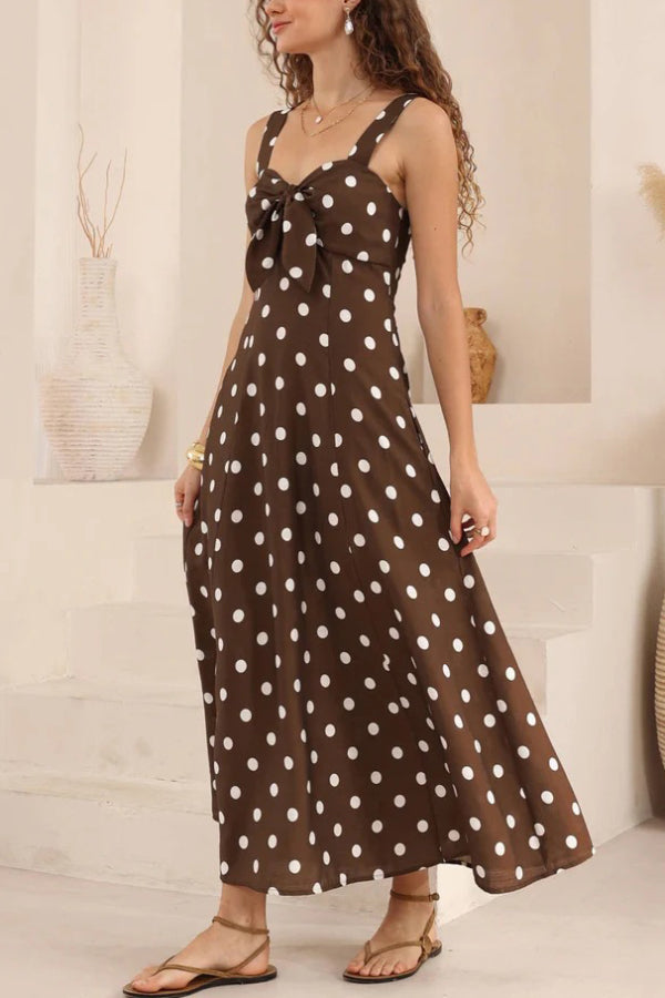 Polka Dot Print Back Pleated Casual Pocket Holiday Maxi Dress-consonak