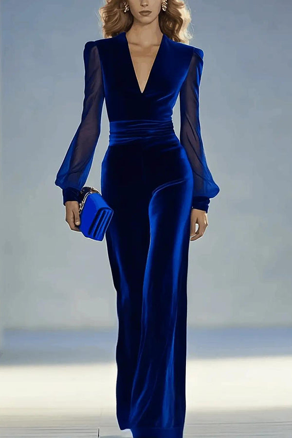 Solid Color Velvet V-neck Long-sleeved Elegant Fitted Jumpsuit | Consonak