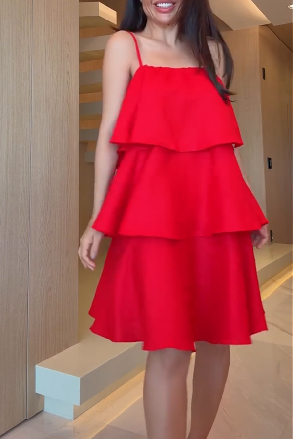 Sunlit Horizon Linen Blend Tiered Slip Square Neck A-line Mini Dress-consonak