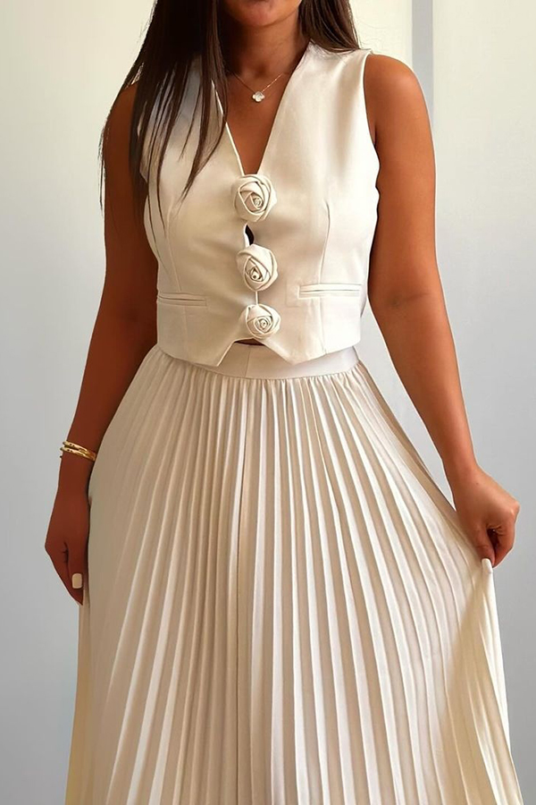 Stylish Rosette Sleeveless Tank Top and Pleated Maxi Skirt Set-consonak