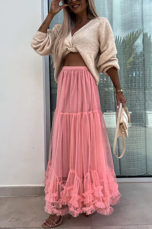 Elegant Tulle Stretch Waist Paneled Pleated Maxi Skirt-consonak