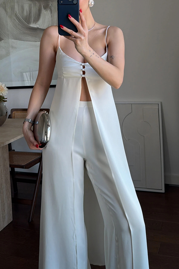 Giselle Satin Front Button Cutout Slit Midi Top and Elastic Waist Loose Pants Set