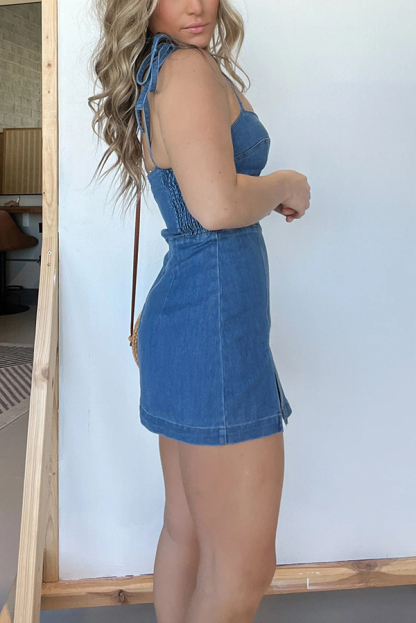Sexy Backless Slim Fit Slit Denim Mini Dress-consonak