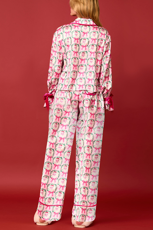 Christmas Printed Velvet Lace-up Long-sleeve Pocket Top and Elastic Waist Wide-leg Pants Set-consonak