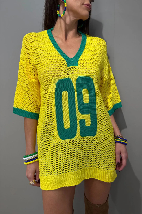 World Cup Digital Jacquard Loose V-neck Short-sleeved Knit Top