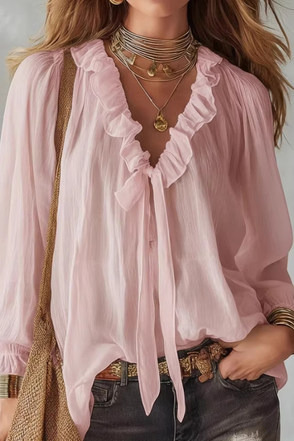 Stylish Long-sleeved V-neck Tie Loose Shirt Top | Consonak