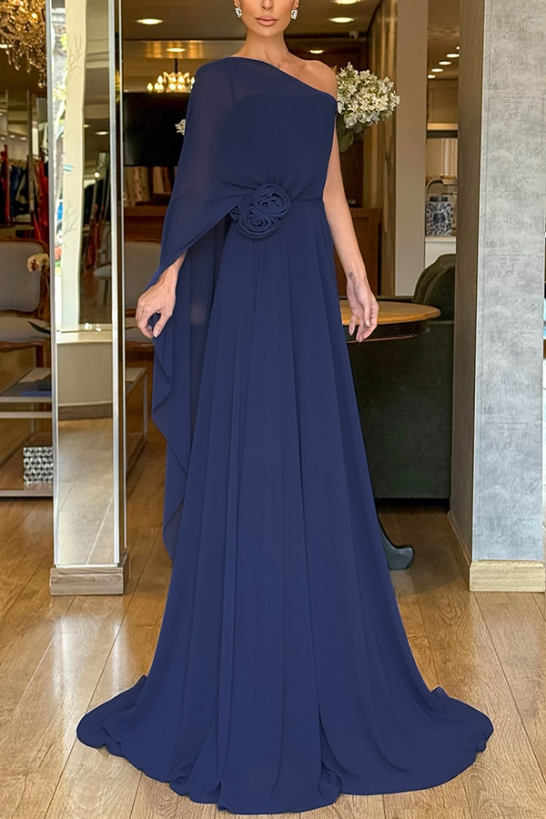 Iriena Chiffon One Shoulder Rose Decoration Waist Formal Maxi Dress-consonak