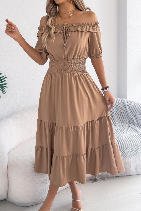 Stylish Off-shoulder Short-sleeved Pleated Waist Casual Midi Dress-consonak