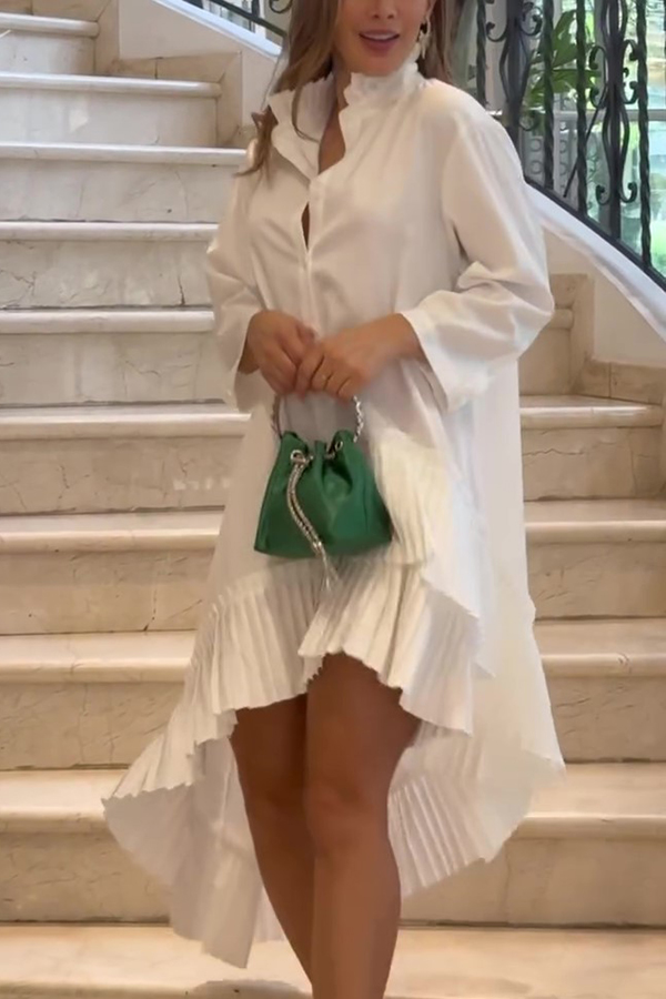 Solid Color Palace Style Loose Irregular Pleated Hem Mini Dress-consonak