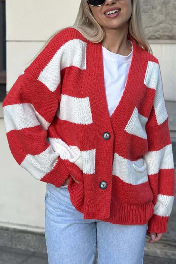 Casual V-neck Long-sleeved Striped Pocket Knitted Cardigan-consonak