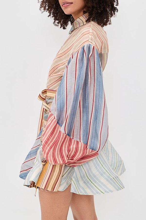 Salie Linen Blend Color-block Stripes Twisted Wrap Long Balloon Sleeve Shirt Mini Dress-consonak