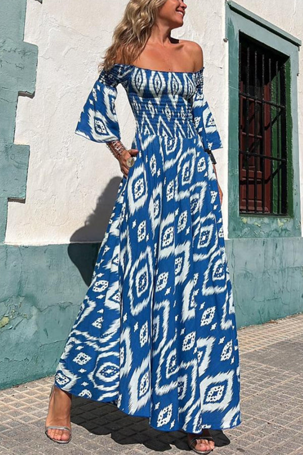 Street vacation style ethnic print off shoulder pocket long skirt-consonak