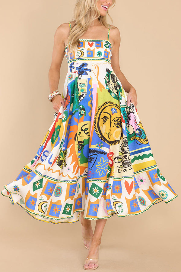 Joyful Glow Goddess Linen Blend Unique Print Pocketed Smocked Back Midi Dress-consonak
