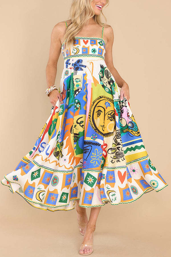 Joyful Glow Goddess Linen Blend Unique Print Pocketed Smocked Back Midi Dress-consonak