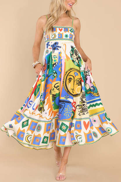 Joyful Glow Goddess Linen Blend Unique Print Pocketed Smocked Back Midi Dress-consonak