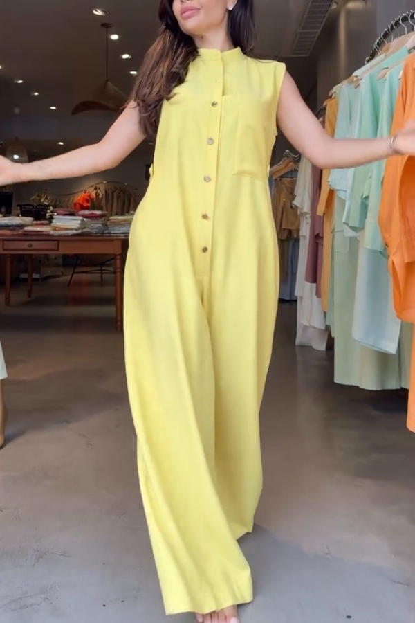 Linen Blend Solid Color Sleeveless Casual Button Loose Wide-leg Jumpsuit
