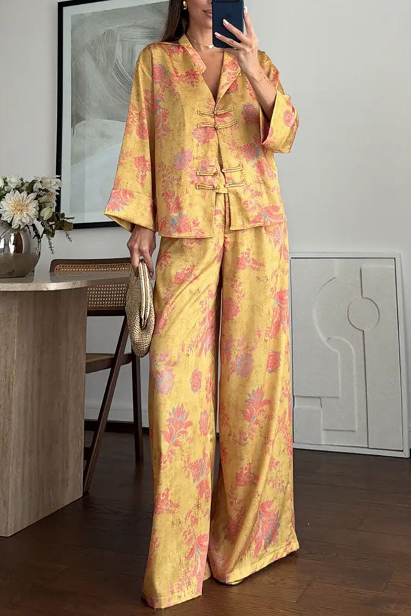 Floral Print Satin Knotted Button Long Sleeve Shirt and Elastic Waist Pocket Wide Leg Pants Set-Consonak