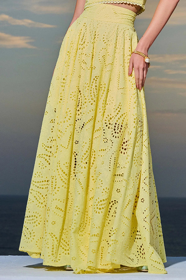Paris Dreaming Embroidered Lace High Rise Elastic Waist Pocketed Maxi Skirt  | Consonak