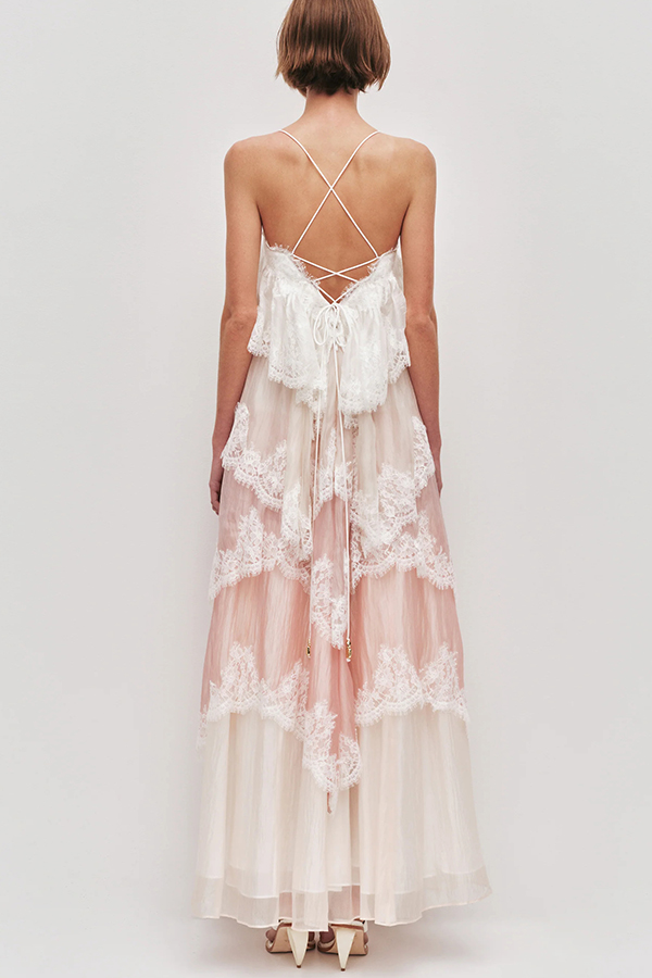Caroline Gradient Layered Lace Trim Tiers Adjustable Straps Backless A-line Maxi Dress | Consonak