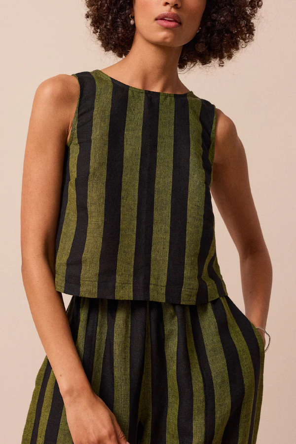 Striped Printed Crew Neck Sleeveless Top and Elastic Waist Wide-leg Pants Set | Consonak