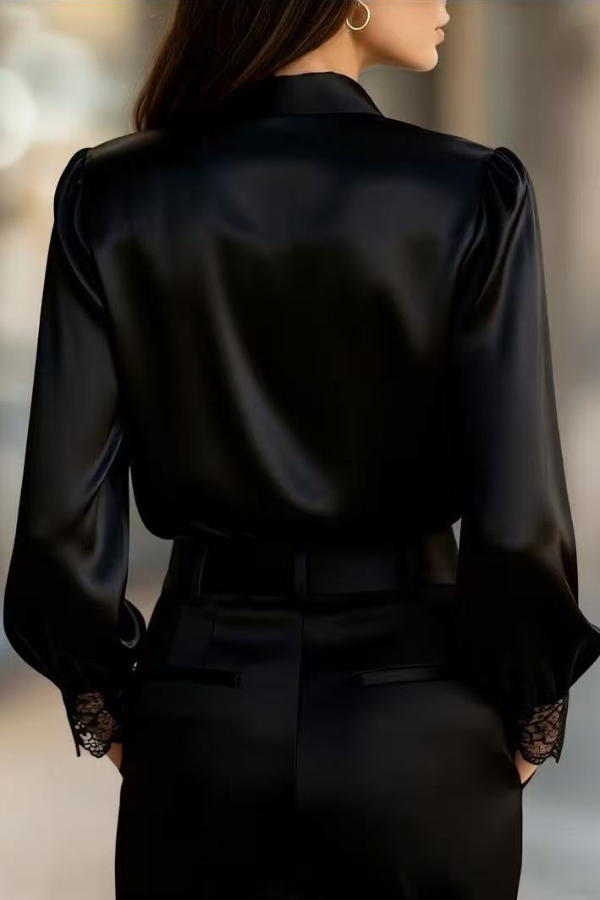 Solid Color Satin Patchwork Lace Casual Long-sleeved Button-down Shirt-consonak