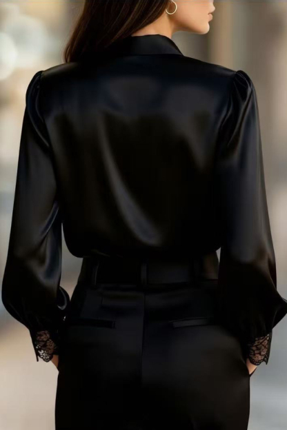 Solid Color Satin Patchwork Lace Casual Long-sleeved Button-down Shirt-consonak