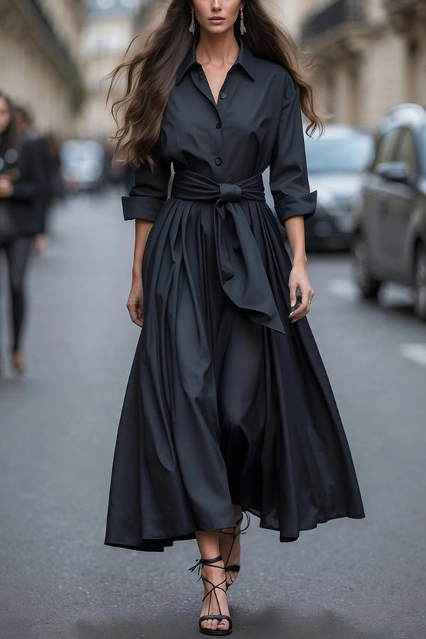 Solid Color Collared Long-sleeved Belted Shirt Style Elegant Maxi Dress-consonak